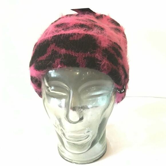 DKNY $36 NEW Fuzzy Animal Print Beanie Hot Pink Black Cheetah Cap Hat Winter - Picture 2 of 6